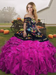 Best Embroidery and Ruffles Quinceanera Dress Fuchsia Lace Up Sleeveless Floor Length