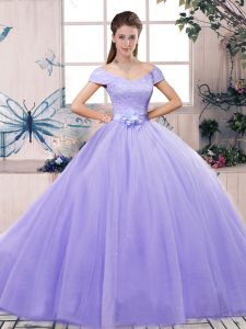 Tulle Short Sleeves Floor Length 15th Birthday Dress and Lace and Hand Made Flower