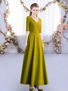 New Style V-neck Half Sleeves Zipper Quinceanera Court of Honor Dress Olive Green Satin