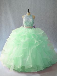 Affordable Sleeveless Organza Brush Train Backless 15th Birthday Dress in Apple Green with Beading and Ruffles