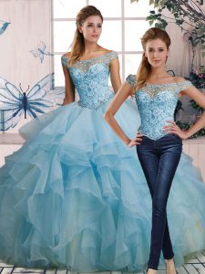 Delicate Floor Length Two Pieces Sleeveless Light Blue Quinceanera Dress Lace Up