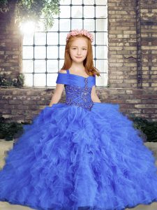 Blue Ball Gowns Tulle Straps Sleeveless Beading and Ruffles Floor Length Lace Up Child Pageant Dress