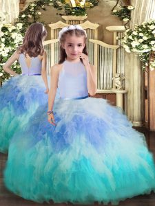 Multi-color Tulle Backless High-neck Sleeveless Floor Length Little Girl Pageant Gowns Beading and Ruffles