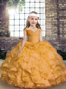 New Arrival Floor Length Gold Kids Pageant Dress Straps Sleeveless Lace Up