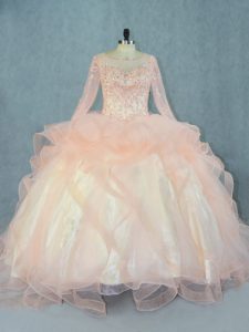 Fancy Ball Gowns Quinceanera Gowns Peach Scoop Tulle Long Sleeves Floor Length Lace Up