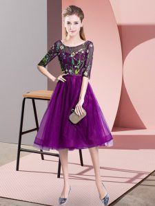 Beauteous Purple Tulle Lace Up Dama Dress for Quinceanera Half Sleeves Knee Length Embroidery