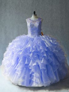 Lavender Sleeveless Floor Length Beading and Ruffles Lace Up Quinceanera Dresses