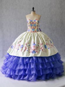 Trendy Blue Satin and Organza Lace Up Sweetheart Sleeveless Floor Length Sweet 16 Dress Beading and Embroidery