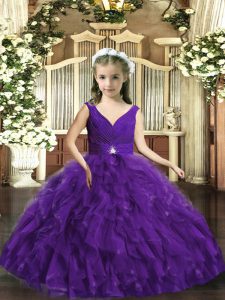 Purple Ball Gowns V-neck Sleeveless Organza Floor Length Backless Beading and Ruffles Kids Pageant Dress