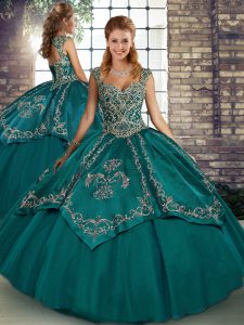 Teal Lace Up Straps Beading and Embroidery Quinceanera Dress Tulle Sleeveless