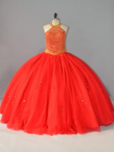 Perfect Red Ball Gowns Beading 15th Birthday Dress Lace Up Tulle Sleeveless Floor Length