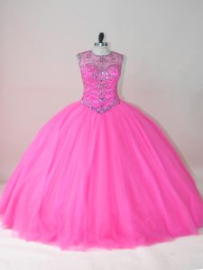 Rose Pink Scoop Lace Up Beading Quinceanera Gown Sleeveless