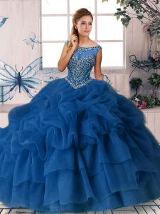 Beading and Pick Ups Sweet 16 Dresses Royal Blue Zipper Sleeveless Brush Train