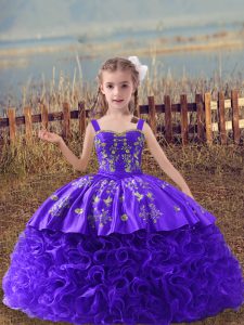 Charming Purple Straps Lace Up Embroidery Kids Formal Wear Sweep Train Sleeveless