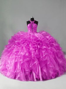 Noble Lilac Zipper Quinceanera Dresses Beading and Ruffles Sleeveless Brush Train