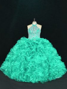 Admirable Turquoise Halter Top Neckline Beading and Ruffles Sweet 16 Dress Sleeveless Lace Up