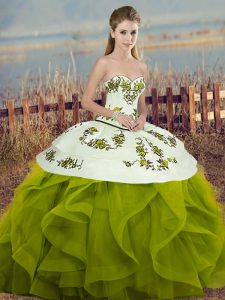 Romantic Olive Green Ball Gowns Sweetheart Sleeveless Tulle Floor Length Lace Up Embroidery and Ruffles and Bowknot Vestidos de Quinceanera