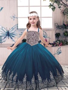Cheap Sleeveless Floor Length Beading and Embroidery Lace Up Little Girl Pageant Gowns with Teal