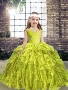 Lovely Yellow Green Ball Gowns Beading and Ruffles Little Girls Pageant Gowns Lace Up Organza Sleeveless Floor Length