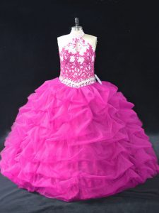 Fuchsia Backless Halter Top Beading and Lace and Pick Ups Quinceanera Dress Organza Sleeveless