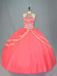 High Quality Watermelon Red Tulle Lace Up Halter Top Sleeveless Floor Length 15 Quinceanera Dress Beading and Ruffles