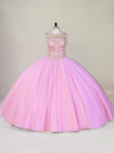 Pink Sleeveless Tulle Lace Up Quinceanera Dresses for Sweet 16 and Quinceanera