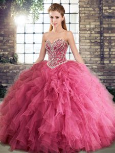 Watermelon Red Ball Gowns Beading and Ruffles Quinceanera Gowns Lace Up Tulle Sleeveless Floor Length