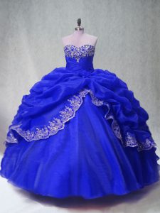 Simple Royal Blue Ball Gowns Beading and Appliques and Pick Ups Vestidos de Quinceanera Lace Up Organza Sleeveless Floor Length