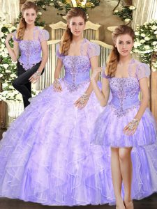 Classical Sleeveless Tulle Floor Length Lace Up 15 Quinceanera Dress in Lavender with Beading and Appliques and Ruffles