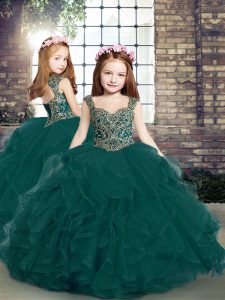 Straps Sleeveless Tulle Girls Pageant Dresses Beading and Ruffles Lace Up