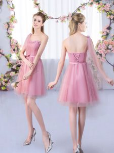 Dramatic Mini Length Pink Dama Dress Tulle Sleeveless Appliques and Belt