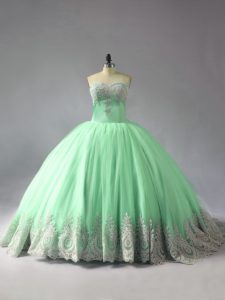 Great Apple Green Sleeveless Tulle Court Train Lace Up 15th Birthday Dress for Sweet 16 and Quinceanera