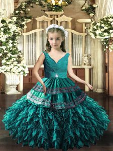 Organza V-neck Sleeveless Backless Beading and Appliques and Ruffles Little Girl Pageant Gowns in Teal