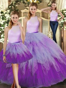 Fabulous High-neck Sleeveless Sweet 16 Dresses Floor Length Ruffles Multi-color Organza