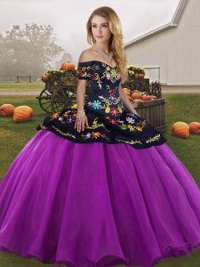 Attractive Black And Purple Ball Gowns Off The Shoulder Sleeveless Tulle Floor Length Lace Up Embroidery Sweet 16 Dress