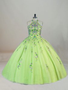 Yellow Green Halter Top Lace Up Embroidery Sweet 16 Dresses Brush Train Sleeveless