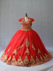 Graceful Red Sleeveless Tulle Court Train Lace Up Vestidos de Quinceanera for Sweet 16 and Quinceanera