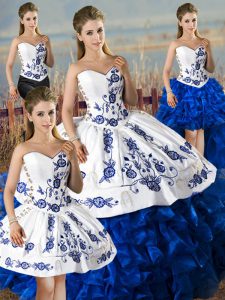 Shining Blue And White Lace Up Quinceanera Gowns Embroidery and Ruffles Sleeveless Floor Length