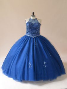 Gorgeous Blue Ball Gowns Tulle Scoop Sleeveless Beading Floor Length Lace Up Quinceanera Gowns