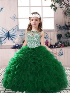 Dark Green Sleeveless Floor Length Beading and Ruffles Lace Up Kids Pageant Dress