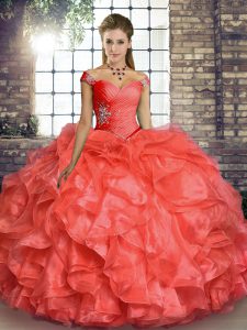 Coral Red Ball Gowns Organza Off The Shoulder Sleeveless Beading and Ruffles Floor Length Lace Up Quinceanera Dresses