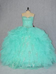 Apple Green Ball Gowns Sweetheart Sleeveless Organza Floor Length Lace Up Beading and Ruffles Sweet 16 Quinceanera Dress