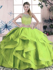 Green Sleeveless Tulle Lace Up Quinceanera Gowns for Sweet 16 and Quinceanera