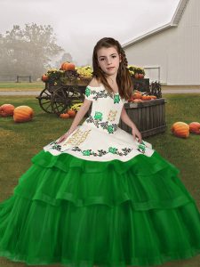 Green Tulle Lace Up Pageant Gowns For Girls Sleeveless Floor Length Embroidery and Ruffled Layers