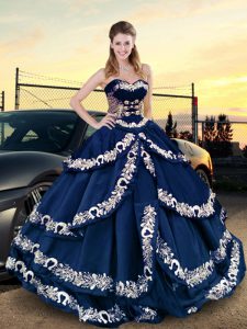 Asymmetrical Lace Up Sweet 16 Dress Navy Blue for Sweet 16 and Quinceanera with Embroidery