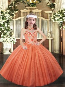 Floor Length Orange Kids Pageant Dress Tulle Sleeveless Appliques