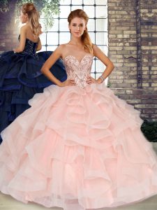 Luxurious Baby Pink Sleeveless Floor Length Beading and Ruffles Lace Up Quinceanera Dress