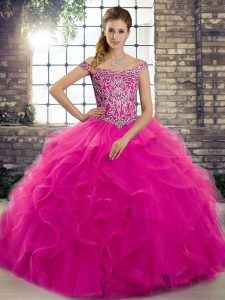 Dazzling Fuchsia Tulle Lace Up Off The Shoulder Sleeveless Ball Gown Prom Dress Brush Train Beading and Ruffles