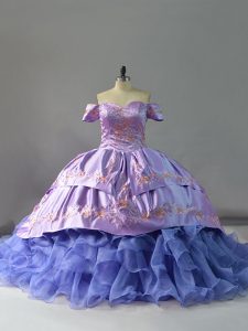 Elegant Lavender Organza Lace Up Quince Ball Gowns Sleeveless Chapel Train Embroidery and Ruffles