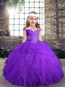 Floor Length Purple Pageant Gowns For Girls Tulle Sleeveless Beading and Ruffles